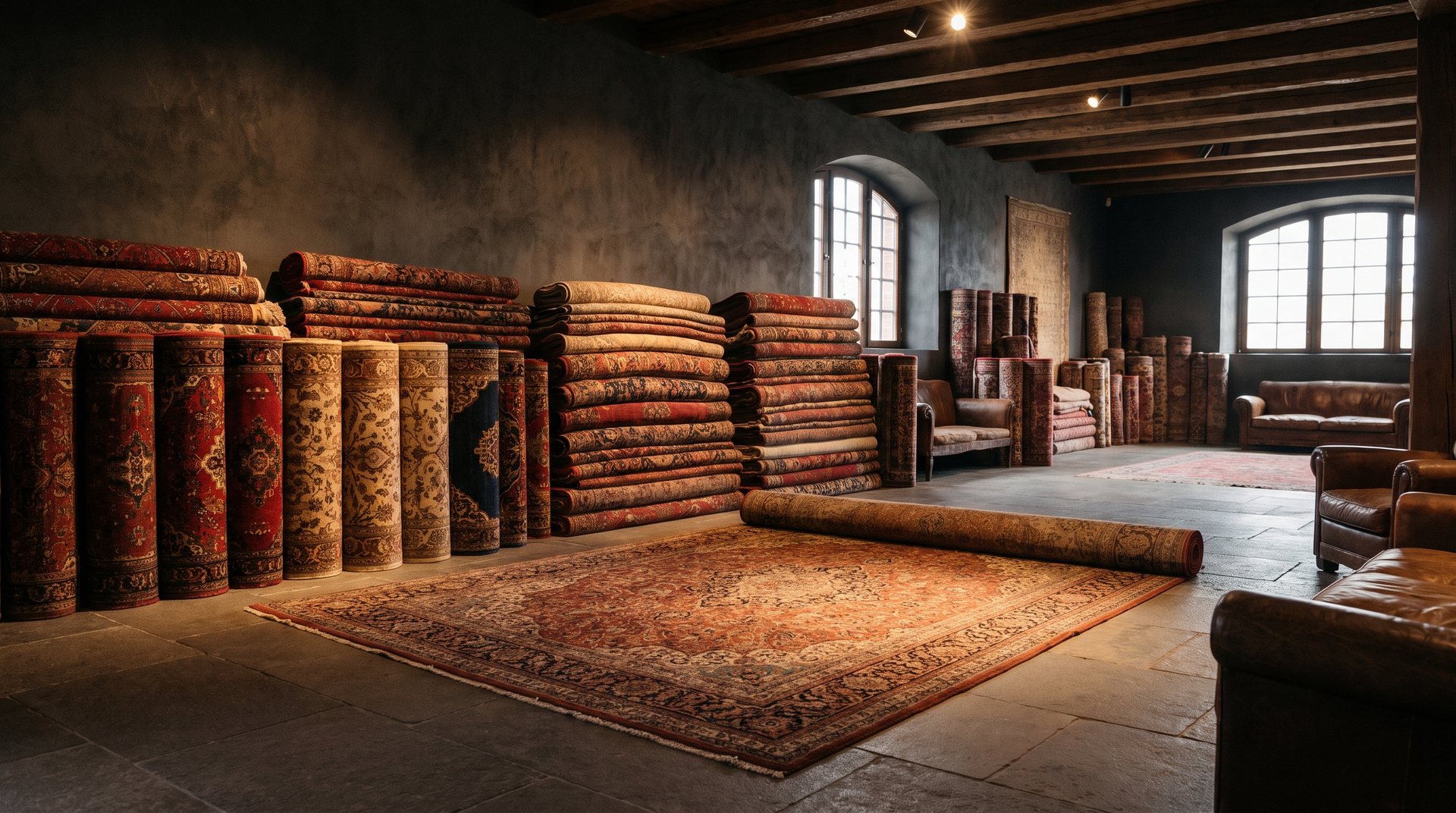 Rolled and stacked Persian rugs in the Dandy Rugs showroom, warm gallery light