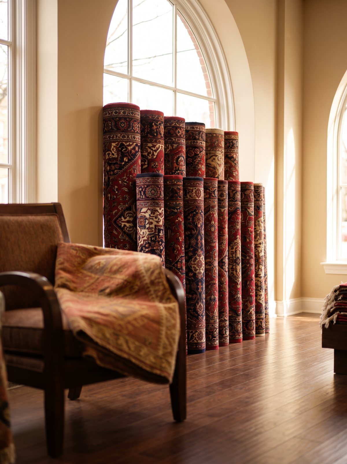 A stack of folded Persian rugs in warm window light