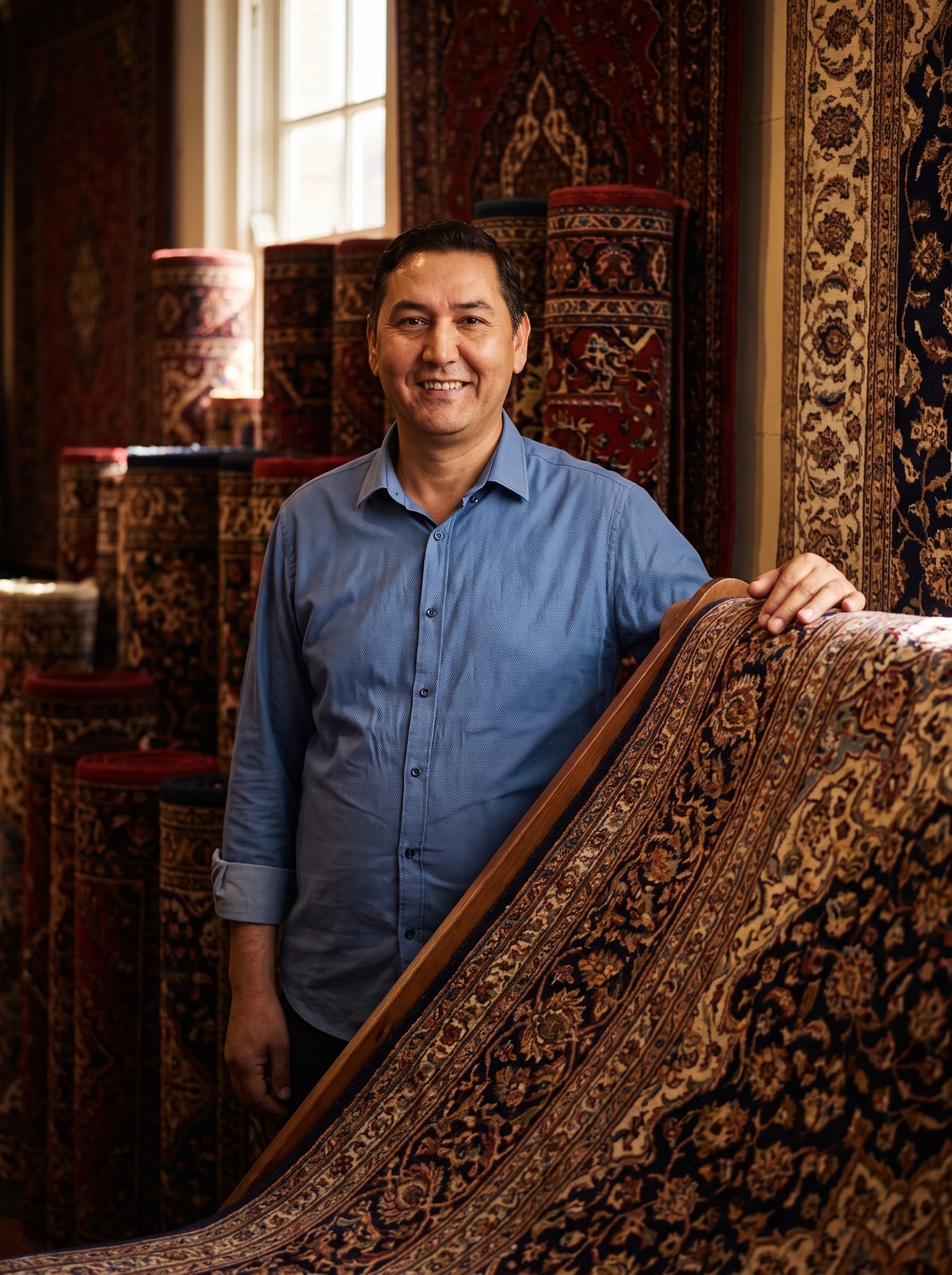 Mohammad welcoming a guest beside an ornate rug in the Dandy Rugs showroom