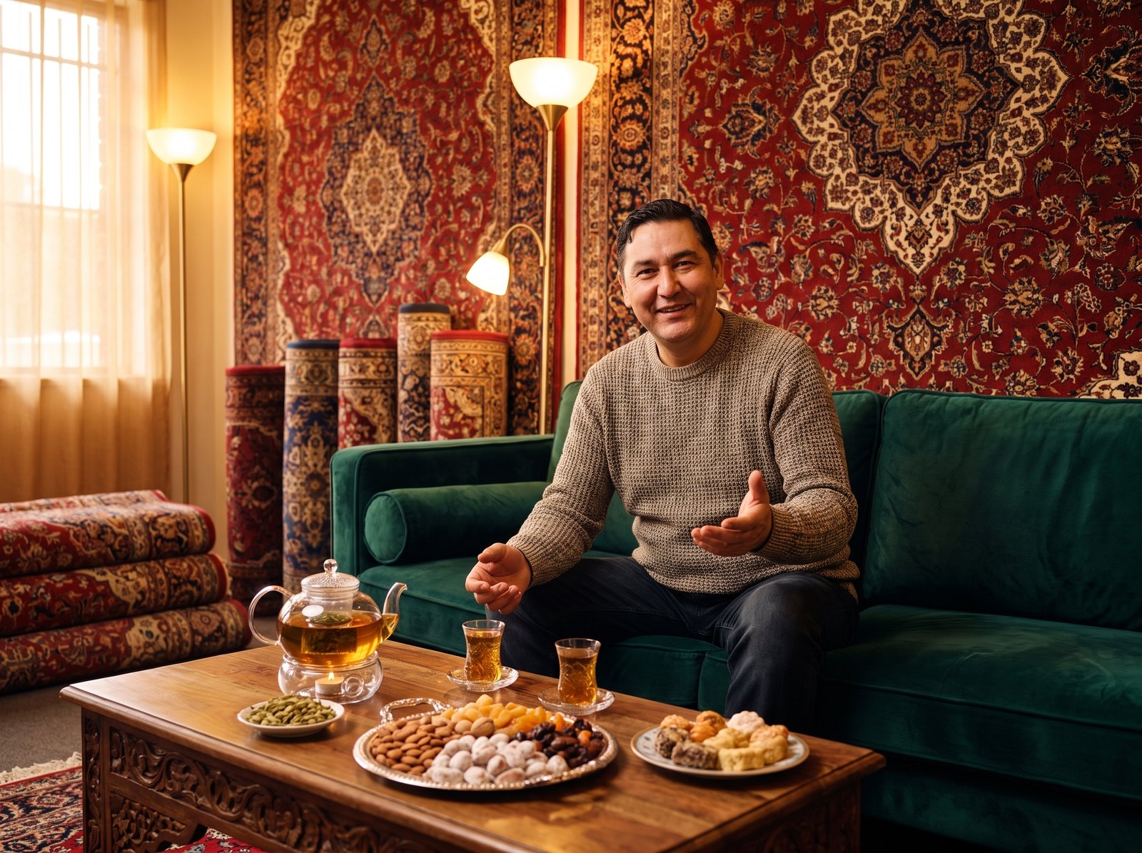 Mohammad welcoming guests with tea in the Dandy Rugs showroom lounge