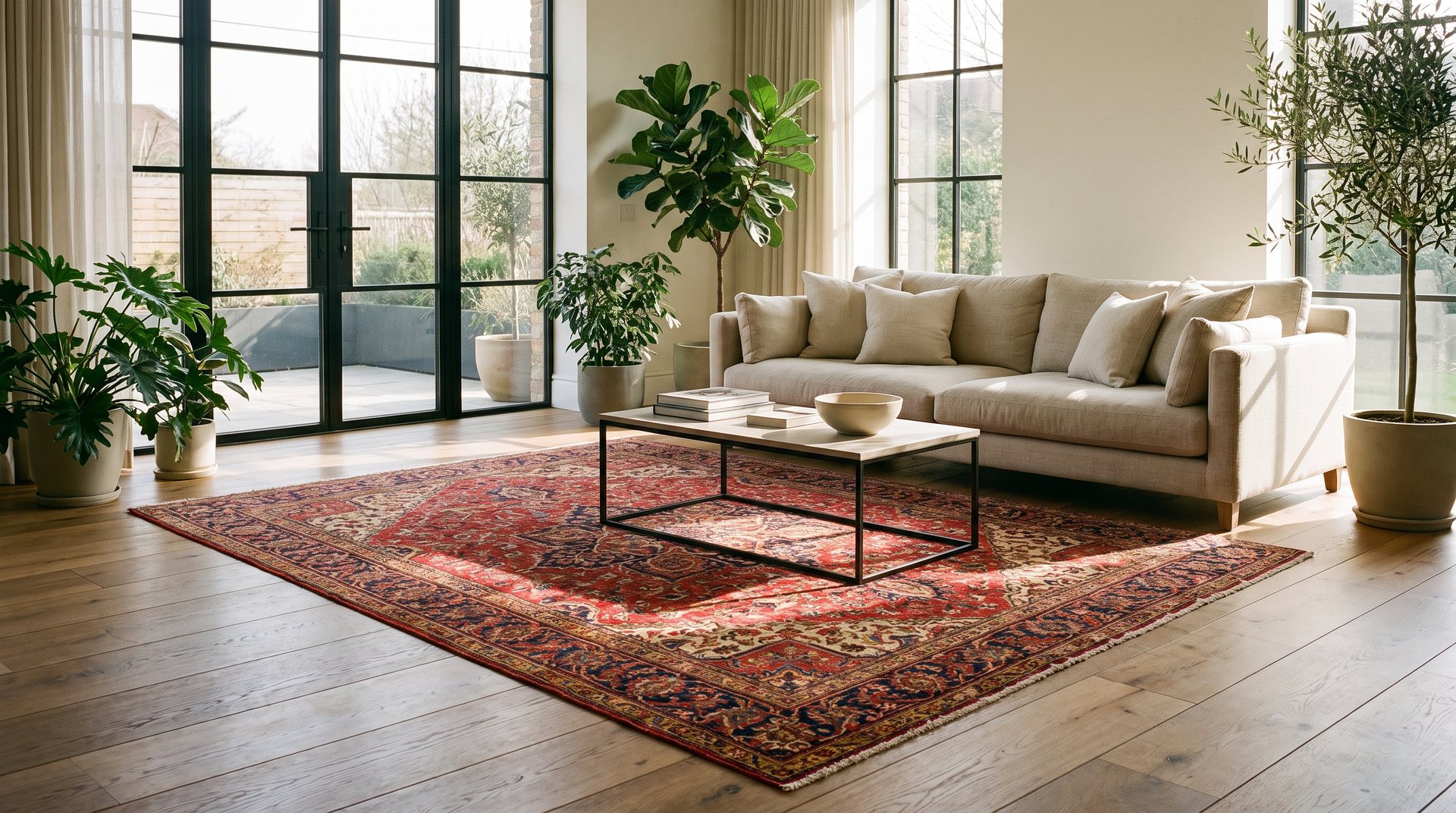 A Persian rug glowing in the morning light of a bright, airy living room