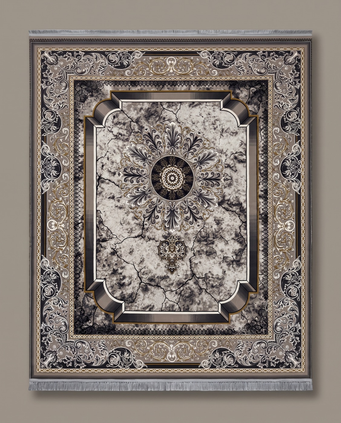 Persian rug in black, white and gold with ornate frame design