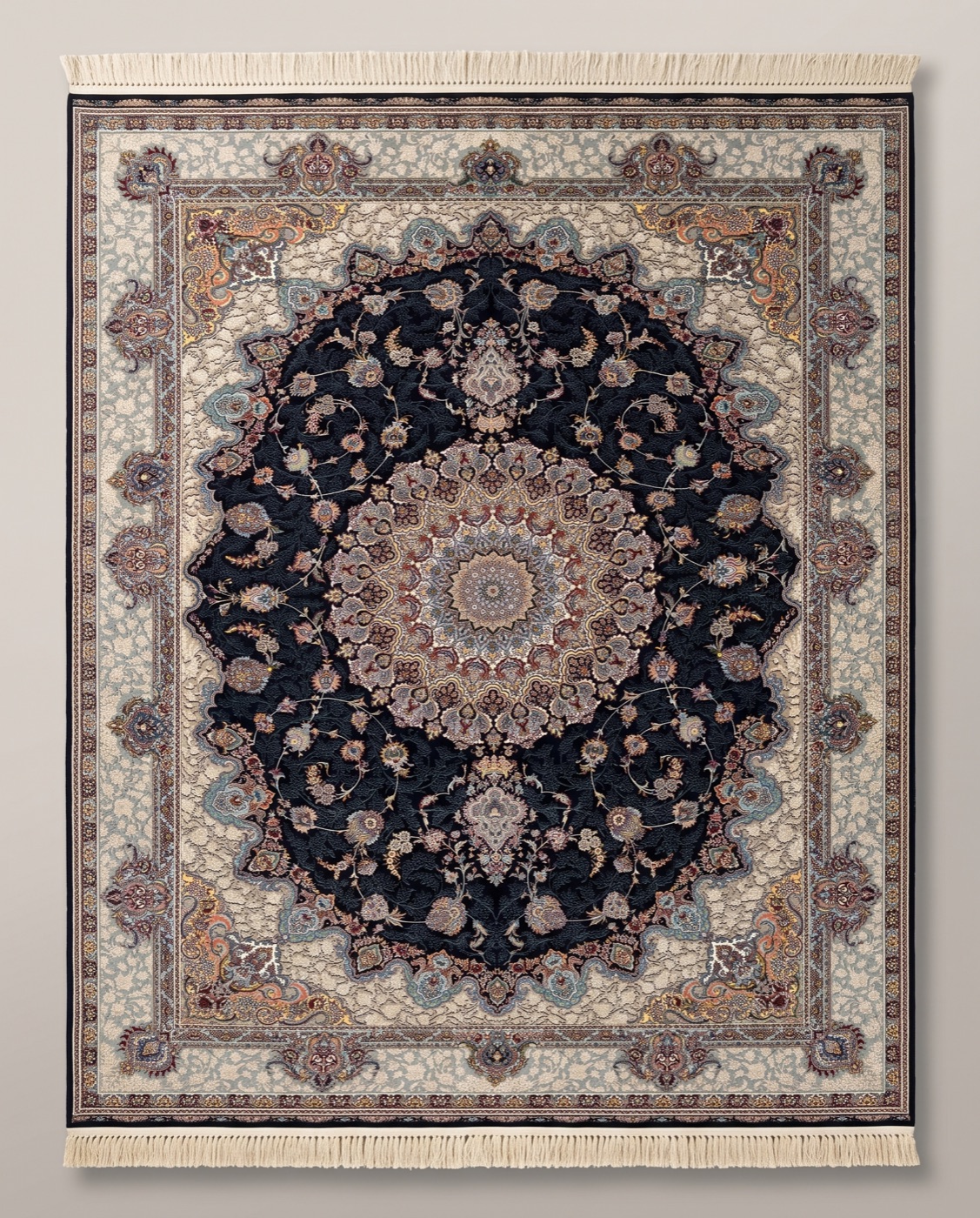 Densely woven 1200 reed Persian rug with an intricate navy medallion