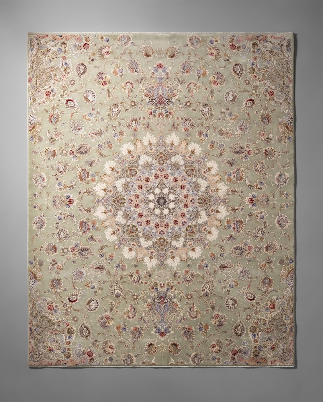 Finely detailed 1500 reed Persian rug with delicate sage-green florals