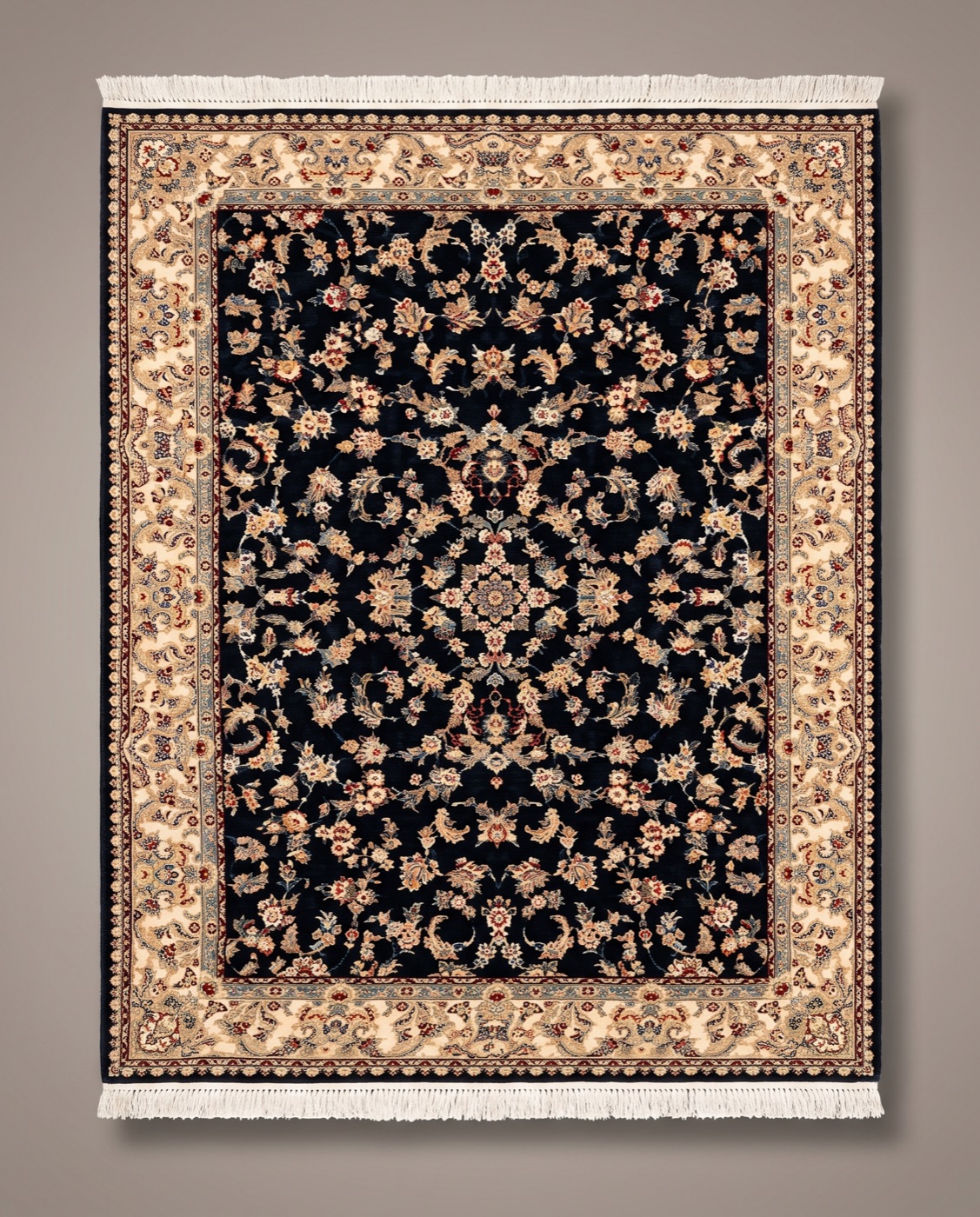 Persian rug in the 700 reed grade, a classic all-over floral in black and gold