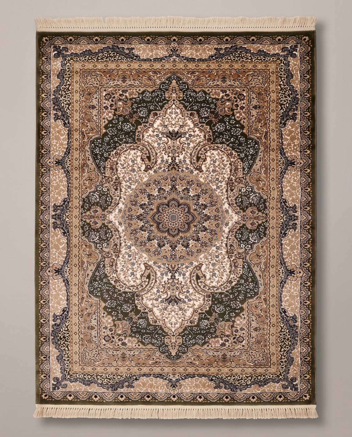 A classic green-and-gold Turkish Kayseri rug shown in studio detail