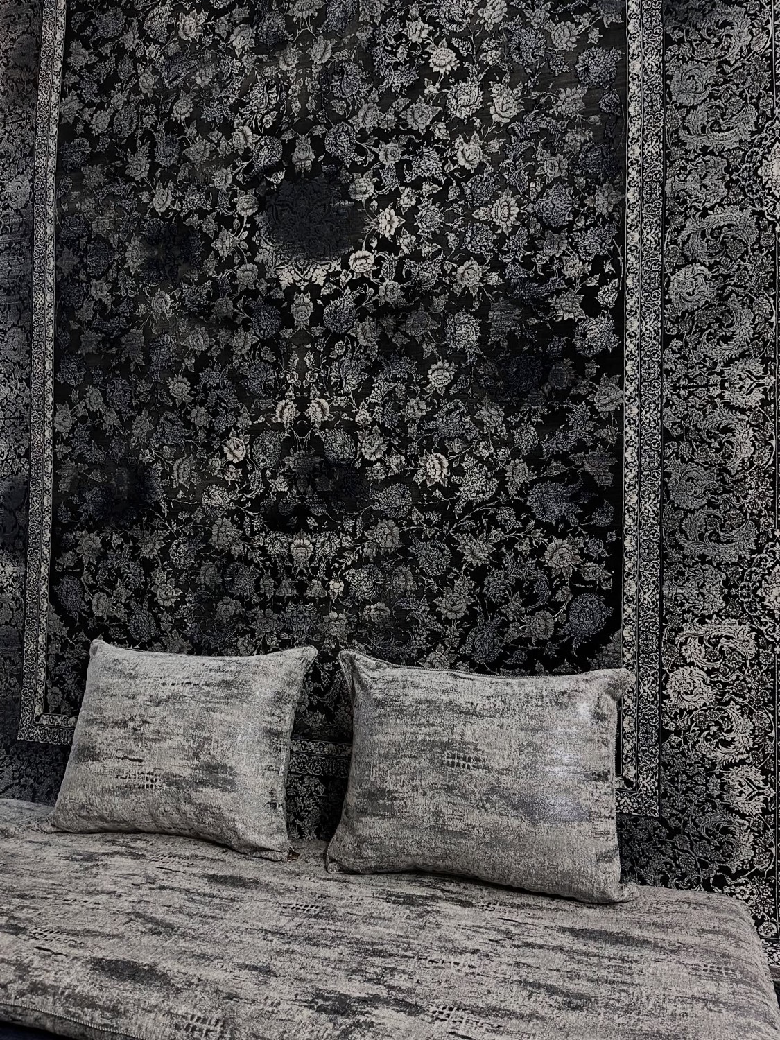 Close detail of velvet and gold brocade on a handmade toshak