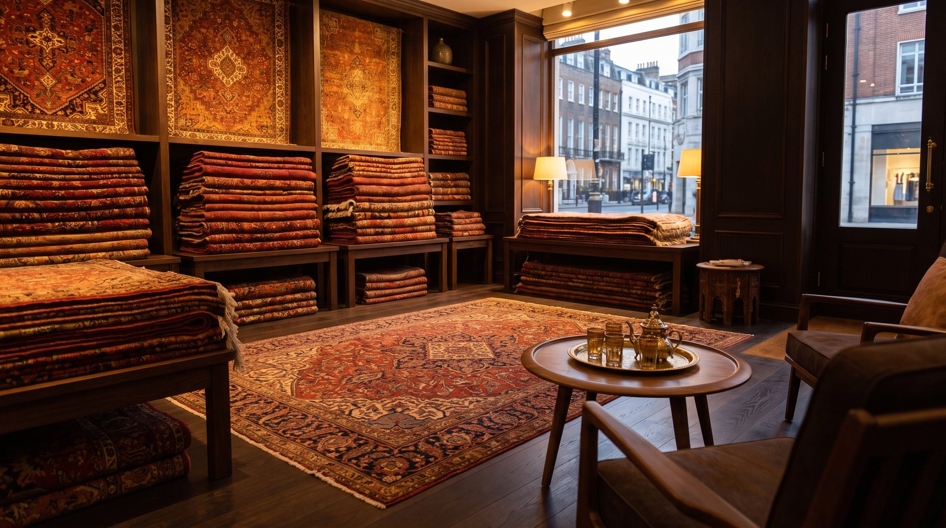 The warm Dandy Rugs showroom in Dandenong, stacks of Persian rugs in evening light